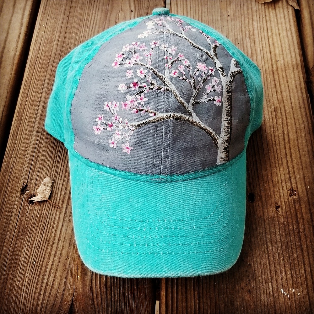 Hand painted cherry blossom baseball cap